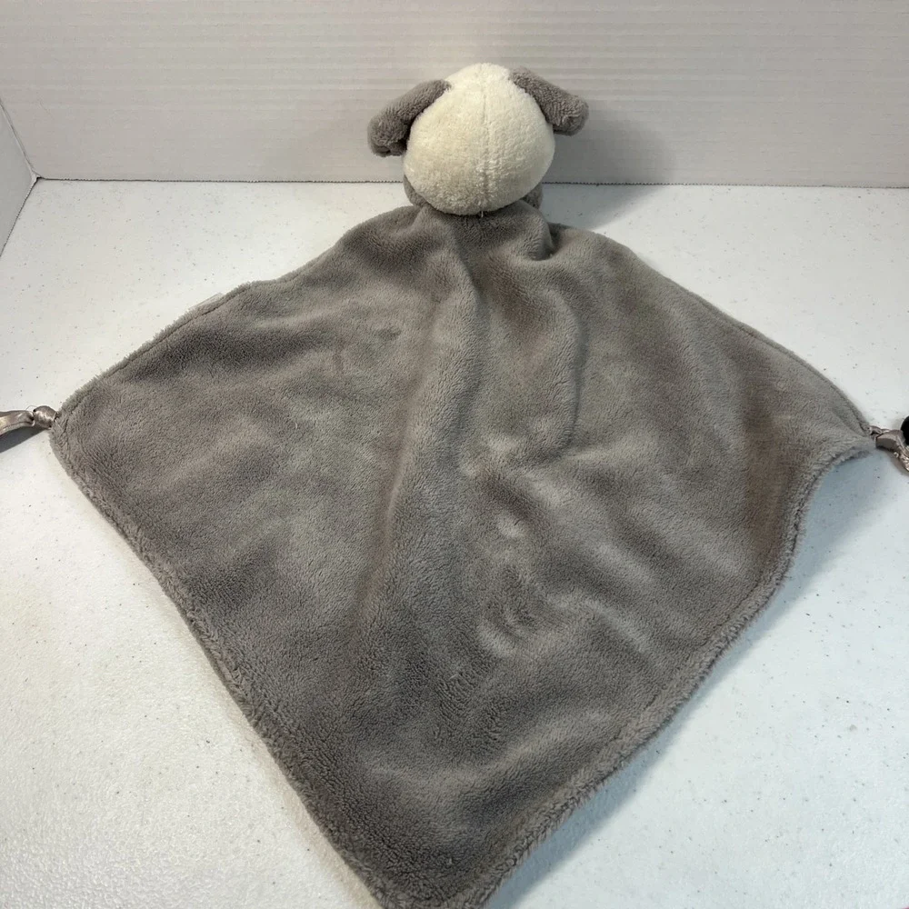 Modern Baby Gray & White Plush Dog Security Blanket Lovey Soft‎ Satin Trim Knots